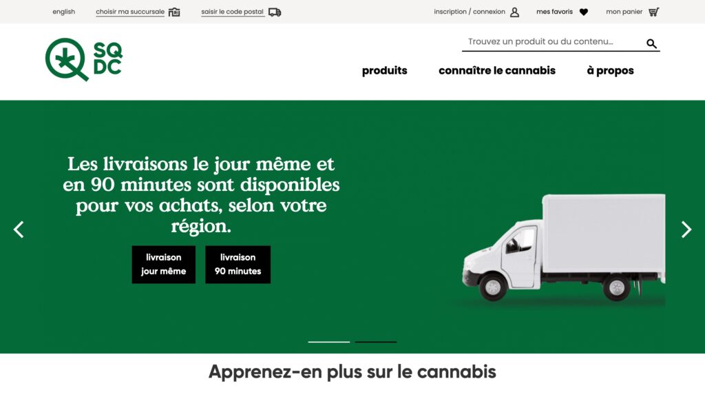 Capture d'écran du site officiel de la SQDC. On peu y apercevoir un message faisan la promotion de la livraison le jour même et en 90 minutes.