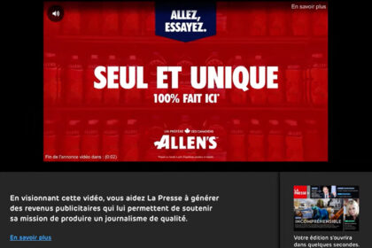 Vidéo publicitaire à l’ouverture de l’application La Presse+ sur tablette, accompagné d’un message informatif sur la mission du média. Informer le lecteur des intentions aide l'acceptabilité publicitaire ©Kit Média La Presse