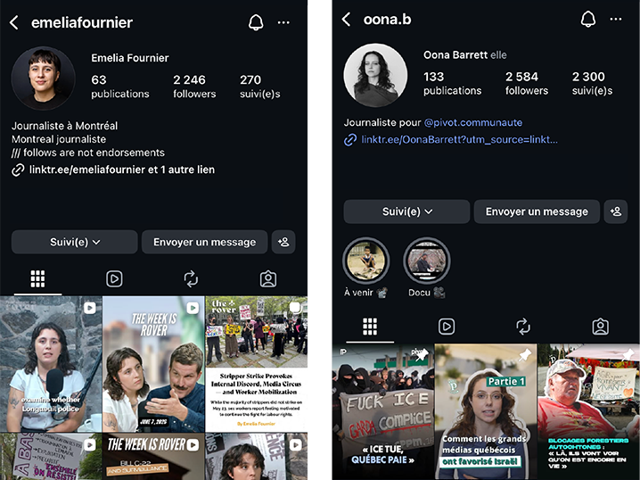 Les comptes Instagram de Emelia Fournier (à gauche) et de Oona Barrett (à droite)