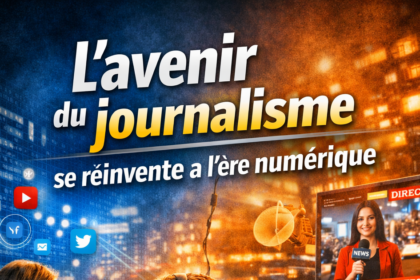 Un journaliste filme une scène avec son téléphone monté sur un stabilisateur, tandis qu’un autre travaille devant plusieurs écrans affichant des contenus numériques et des interfaces de réseaux sociaux