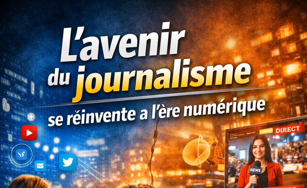 Un journaliste filme une scène avec son téléphone monté sur un stabilisateur, tandis qu’un autre travaille devant plusieurs écrans affichant des contenus numériques et des interfaces de réseaux sociaux