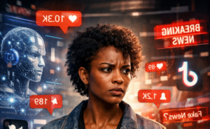 Une journaliste , concentrée, entourée d’icônes de réseaux sociaux, d’alertes et de flux numériques colorés